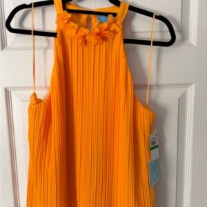 CeCe Bright Orange Woman’s Pleated Halter Top with Floral Accent